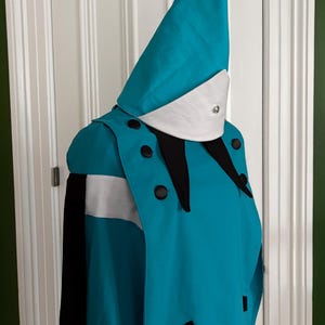 Può includere: Un costume turchese con un cappello alto e a punta e una tunica abbinata. Il cappello ha un bordo bianco e un nappa dorata. La tunica presenta dettagli neri e bottoni neri. Il costume è esposto contro una porta bianca e un muro verde.