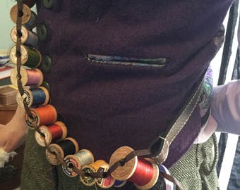 Mad Hatter Costume Bandoleer: Vintage Thread Spools, Ribbon Belt