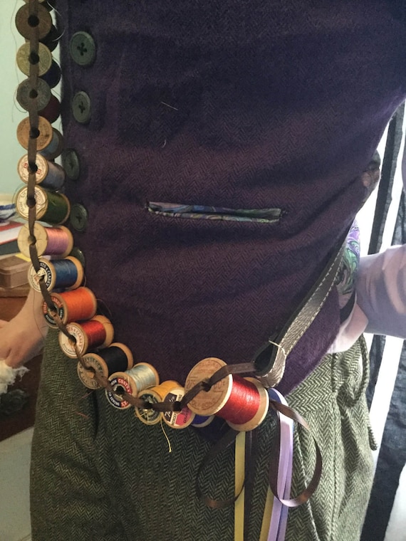 Mad Hatter Costume Bandoleer: Vintage Thread Spools, Ribbon Belt