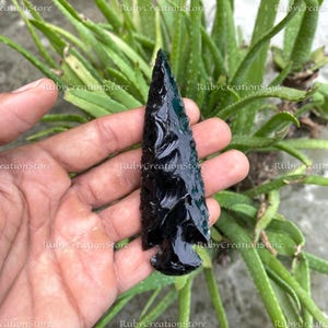 May include: A hand-held, black obsidian arrowhead with a sharp point and notched base. The arrowhead is a dark, glossy black, and the surface has subtle textures. The background features green plants.