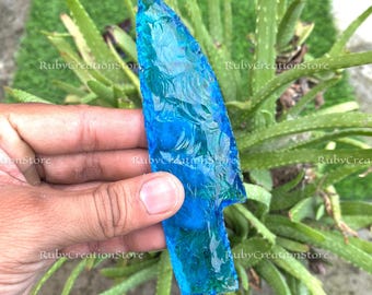 2 Pcs Blue Glass Knapped Knife: Ocean Crystal Ritual Blade, Decorative Display