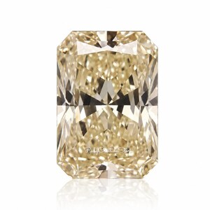 May include: A radiant-cut gemstone with a light champagne or pale yellow hue, featuring a complex geometric facet pattern that reflects light. The stone has a rectangular shape with clipped corners and the text RubyCreationStore printed on it.
