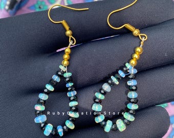 Ethiopian Opal Dangle Earrings: Black Spinel, Gold-Tone, October Birthstone