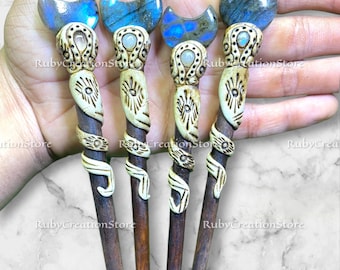 Labradorite Hair Stick: Handmade Polymer Clay Hairpin, Boho Crystal Jewelry