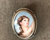 Pendant Brooch - Vintage Pendant - Italian Brooch Pin - Ladies Pin Brooch - Italian Vintage Filigree Painted Portrait Brooch Pendant