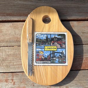 London Themed Cheese Board Set - Wooden Palette Shaped Board w/ Cheese Knife - Vintage Cheese Board - Dining & Serving - Cheese Board Knife
