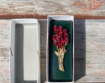 Gold Tone & Red Enamel Dozen Long Stem Roses Brooch - Vintage Brooch - Dozen Red Roses Brooch - Women's Vintage Brooch - Red Roses Pin