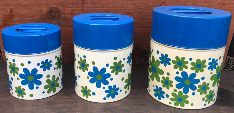 Vintage Counterpoint Tins - Retro Tins Storage Tins 3 Blue Flower Tins Counterpoint Tins Retro Flower Tins Vintage Canisters