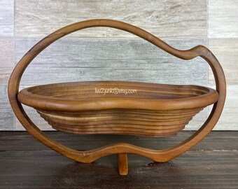 Vintage Large Bohemian Collapsible Bowl Intricate Hand Carved Details Boho Basket Wooden Fruit Snack Display Rustic Wood Trinket Holder