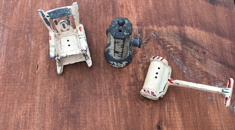 Vintage Salt Pepper Shakers Rocking Chair Fire Hydrant Lawnmower S And P S And P Shaker Metal S And P Shakers Kitchen Decor
