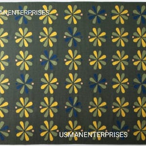 Handwoven Dhurrie Rug | Green Yellow Blue Flatweave Carpet | Geometric Floral Pattern | 5x8 ft |