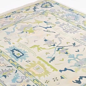 Beautiful oushak rug, turkish hand knotted rug, vintage oushak wool rug, large area rug, 6x9 rug, 8x10-9x12 rug – Light Green & Blue Tones