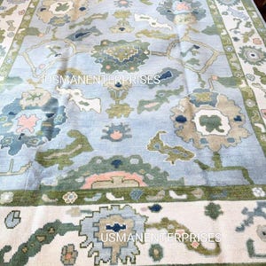 Hand-Knotted Oushak Wool Rug : Blue, Beige, Green Vintage Turkish Carpet living room 10x14