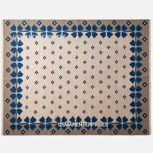 Handwoven Cotton Dhurrie Rug – Beige & Blue Geometric Floor Carpet | Flatweave Area Rug |