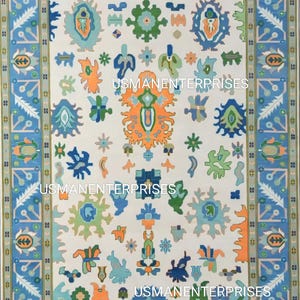 Hand-Knotted Tribal Design Wool Rug – Multicolor Bohemian Carpet – Blue Green Orange Area Rug 8x10 9x12 6x9