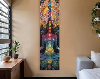 Chakra Mandala Tapestry | Vertical Rainbow Boho Wall Hanging | Spiritual Yoga Room Decor | Meditation Wall Art | Colorful Aesthetic Gift.