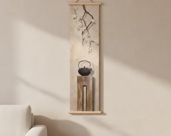 Tapiz de pared zen japonés vertical, decoración Japandi, pergamino colgante minimalista, arte Wabi Sabi para salón de té