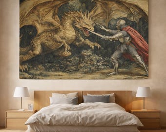 Tapiz del Caballero Dragón / Decoración de pared de fantasía medieval / Arte de batalla en el bosque encantado / Decoración de dormitorio con temática de castillo / Regalo para amantes de los dragones.