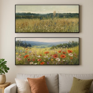Impresión de paisaje de campo de flores silvestres – Póster de lienzo de estilo campestre vintage – Arte de pared rústico natural para sala de estar, dormitorio o entrada