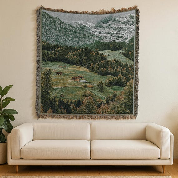 Cotton Woven Forest Blanket – Cozy Nature Tapestry Throw with Woodland Scene – Soft Decorative Couch or Bed Cover – Rustic Cabin Vibe