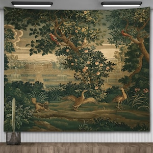 Vintage Verdure Wall Tapestry – Elegant Printed Scene with Château and Garden – Classic European Backdrop for Living Room, Bedroom,or Office