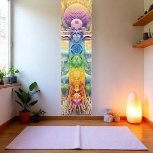 Gobelin ścienny z motywem czakry – kolorowa dekoracja ścienna do medytacji jogi, duchowa sztuka energetyczna do sypialni, wystrój domu w stylu boho lub pokoju wellness