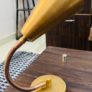 May include: A gold-toned metal desk lamp featuring a conical shade, a flexible copper-coloured gooseneck arm, and a circular base. The lamp has a smooth, matte finish and a simple, functional design with a single screw visible on the side of the base.