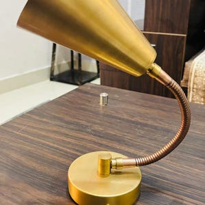May include: A desk lamp featuring a conical gold-toned metal shade attached to a flexible, ribbed copper-coloured neck. The lamp is supported by a circular gold-toned base with a visible screw on the side, providing a stable foundation for the fixture.