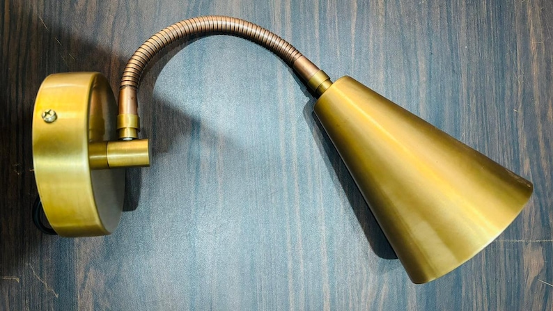 Mid-Century Brass Wall Sconce| Vintage Style Cone Sconce | Flexible Arm gooseneck reading light Fixture image 10