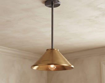 Handmade Brass Pendant Light| Modern Mid-Century inspired Cone Hanging Lamp| Brushed  Brass Ceiling Fixture Light| Aurum Collection