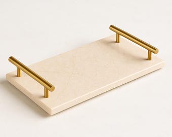 Elegant Beige Marble Serving Tray with Gold Handles