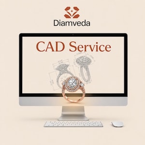 May include: A computer monitor displays a CAD Service advertisement. The screen shows a rose gold engagement ring design with a large center stone and smaller side stones. The text "CAD Service" is displayed in large, bold letters.