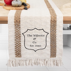 Chemin de table à motif brodé,Chemin de table personnalisé en coton et lin,Logo de mariage personnalisé,Logo de famille commémoratif,Chemin de table de mariage