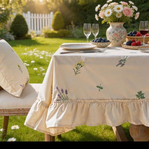 Puede incluir: Un mantel crema con diseños florales bordados, preparado para una reunión al aire libre. La mesa está adornada con un jarrón de flores, bayas y copas de vino. Un cojín a juego descansa sobre un banco.