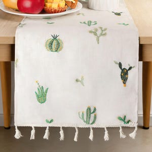 Cactus Embroidered Linen Table Runner with Tassels, Farmhouse Table Decor, Boho Dining Runner, Neutral Table Decor, Housewarming Gift