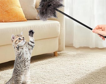 Real Ostrich Feather Duster Cat Toy Wand for Cleaning and Interactive Play