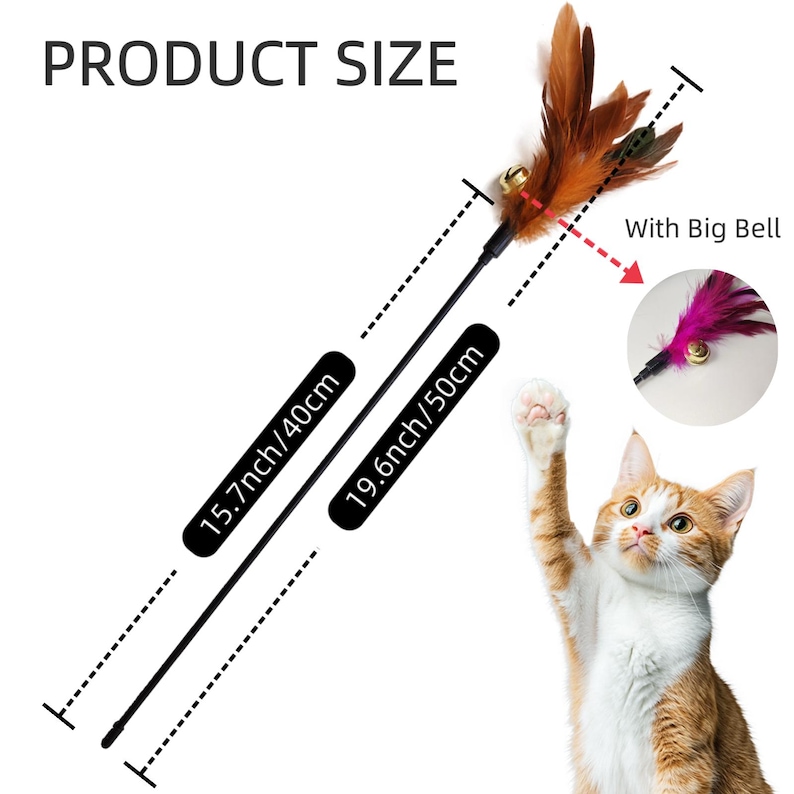 Vibrant Feather with Big Bell Kitten & Cat Teaser Wand – Long Lightweight Handle for Indoor Cat Interactive Play image 2
