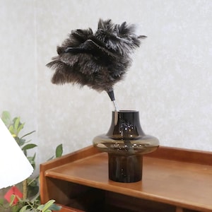 Peut inclure: Un plumeau marron foncé avec un manche noir est placé dans un vase en verre marron. Le vase a une forme arrondie avec une base large et un col étroit. Le plumeau est duveteux et semble fait de plumes douces.