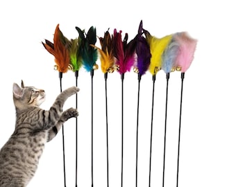 Vibrant Feather with Big Bell Kitten & Cat Teaser Wand – Long Lightweight Handle for Indoor Cat Interactive Play