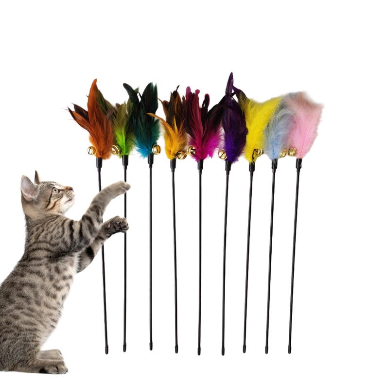 Vibrant Feather with Big Bell Kitten & Cat Teaser Wand – Long Lightweight Handle for Indoor Cat Interactive Play image 1