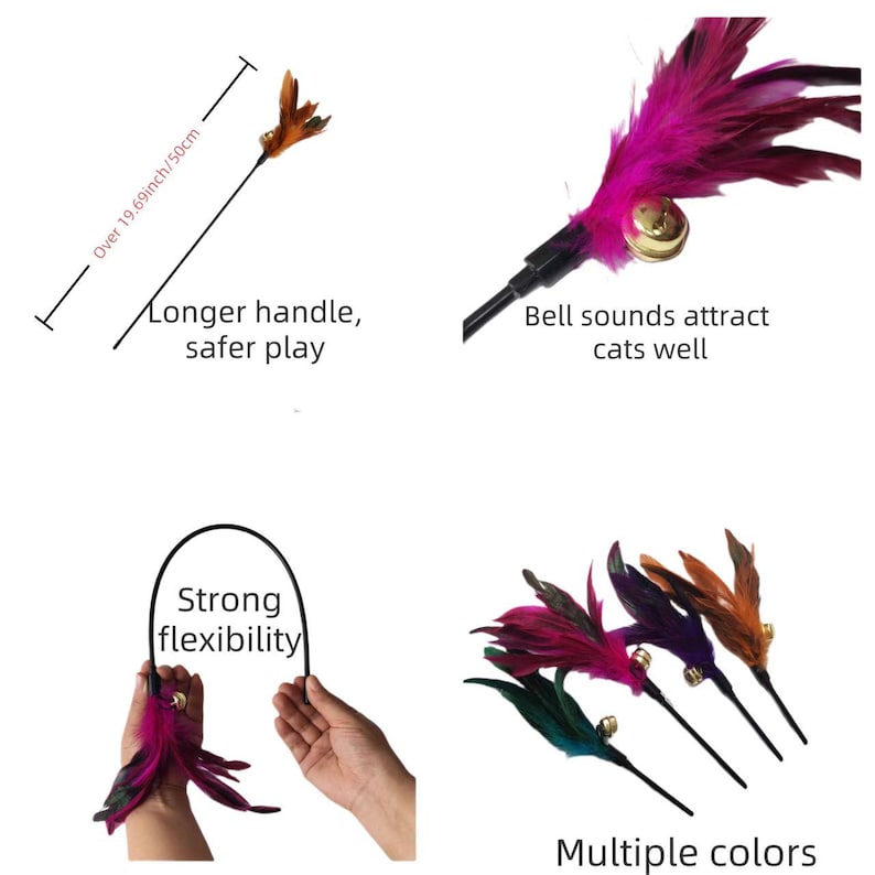 Vibrant Feather with Big Bell Kitten & Cat Teaser Wand – Long Lightweight Handle for Indoor Cat Interactive Play image 3