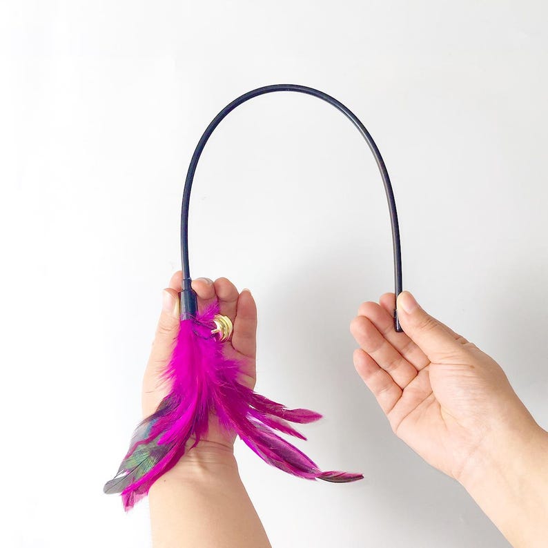May include: A black, arched wand with a cluster of vibrant pink feathers and a small gold bell. The feathers have green and purple accents. A cat toy designed for interactive play.