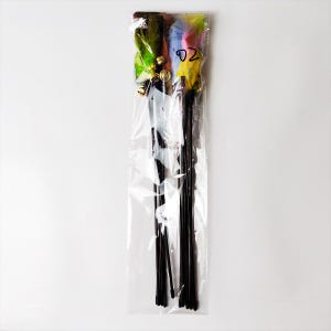 May include: A clear plastic bag containing several cat toys. Each toy has a black stick, colorful feathers, and a small gold bell. The bag has the number "02" written on it.