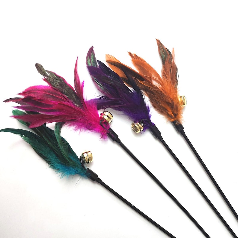 May include: Four cat toys with colorful feathers in shades of green, pink, purple, and orange. Each toy has a black handle and a small gold-colored bell attached near the feathers. The toys are arranged diagonally against a white background.