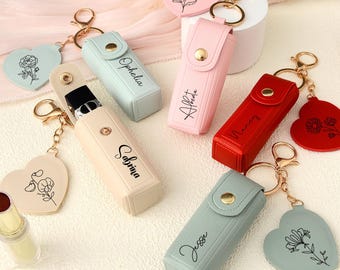 Personalized Leather Lipstick Case Keychain,Engraved Lipstick Holder with Mirror,Bridesmaid Proposal Gift,Bachelorette or Wedding Favor