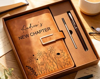 Personalized New Chapter Journal Set, Custom Name Floral Notebook with Pen, Graduation Gift, Retirement Gift for Women, Coworker Farewell