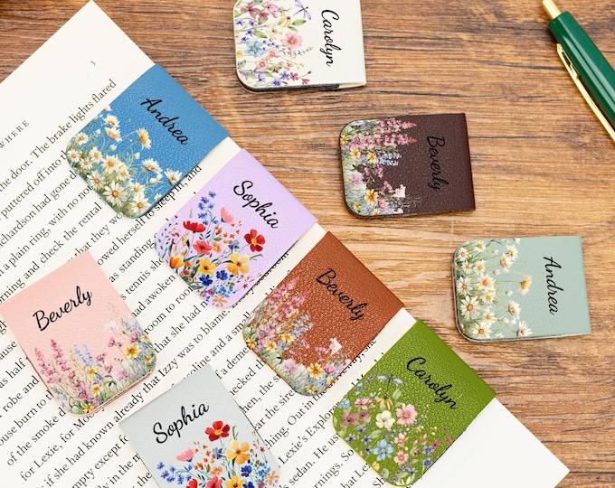 Custom Leather Magnetic Bookmark with Wildflowers,Name Magnetic Bookmark,Birhthday Gift for Friend,Engraved Bookmark for Her,Bridesmaid Gift