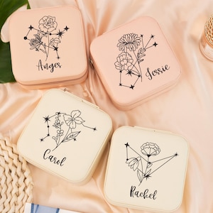 Personalized Travel Jewelry Box,Custom Name Birth Flower Jewelry Box,Small Square Earring Organizer,Bridesmaid Gifts Box for Sister,Friend
