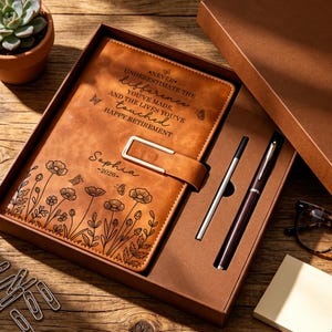 Può includere: Un diario in similpelle color cuoio con cinturino magnetico, inciso con disegni floreali, farfalle, il nome Sophia, l'anno 2026 e il testo: NEVER UNDERESTIMATE THE DIFFERENCE YOU'VE MADE, AND THE LIVES YOU'VE TOUCHED HAPPY RETIREMENT. Include due penne.