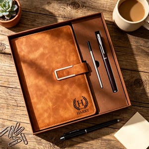 Op de afbeelding: Een lichtbruin notitieboek met een goudkleurige gespsluiting en een gepersonaliseerd embleem met de letter H en de naam HARRY, gepresenteerd in een geschenkdoos met een bijpassende pen en vulling, naast een losse zwarte pen en paperclips.